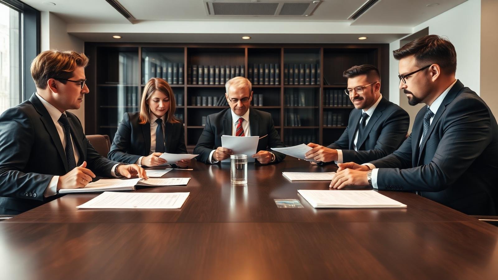 Advogados e executivos de banco analisando processos em reunião